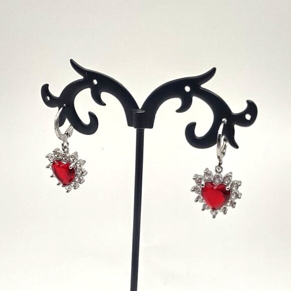 925 Sterling Silver Heart Earrings w/ Synthetic Ruby & Diamonds Valentines Gift - Picture 1 of 6